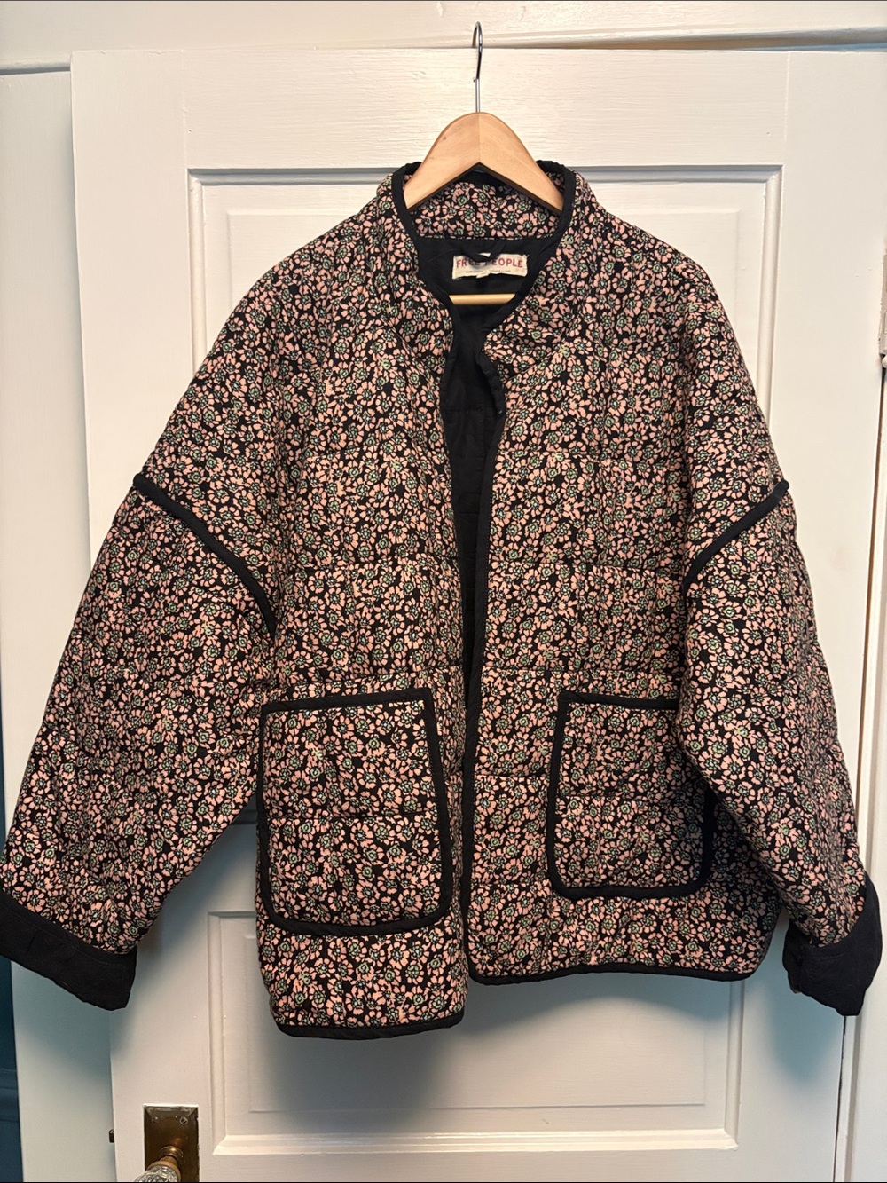 Free People Black Quilted Jacket with Pink Floral Print XL